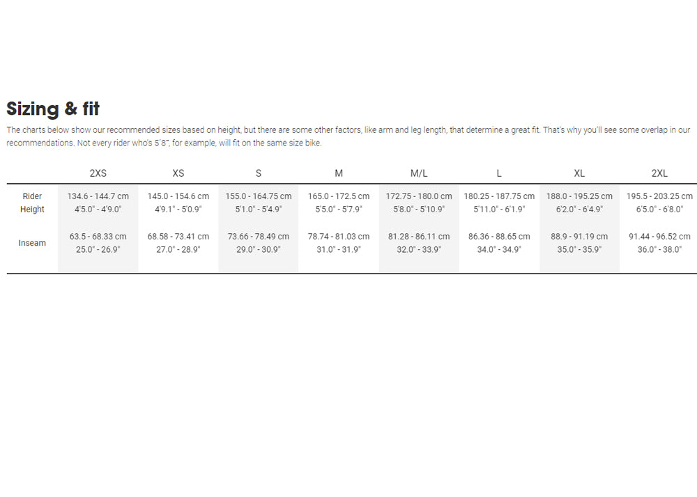 Trek shop size chart